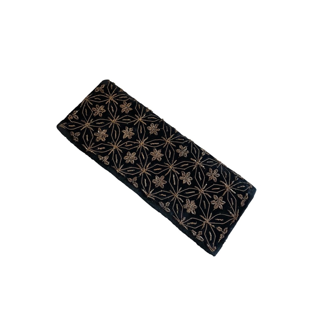 Vintage Black Velvet Gold Embroidered Floral Geometric Evening Clutch Bag